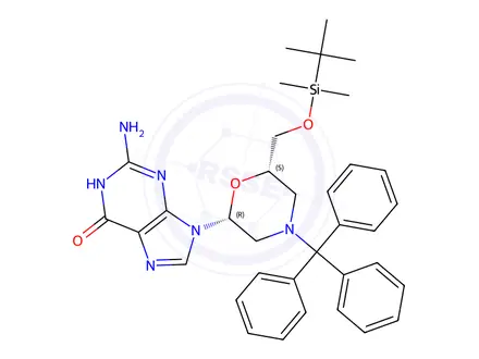 Chemical structure of 7'-t-Butyldimethylsilyloxy-N-trityl-morpholino guanine