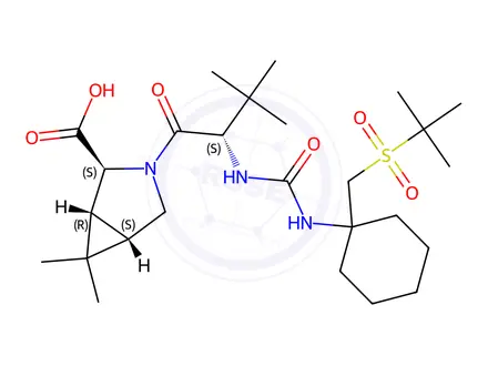 Chemical structure of (1R,2S,5S)-3-((S)-2-(3-(1-(tert-butylsulfonylmethyl)cyclohexyl)ureido)-3,3-dimethylbutanoyl)-6,6-dimethyl-3-azabicyclo[3.1.0]hexane-2-carboxylic acid