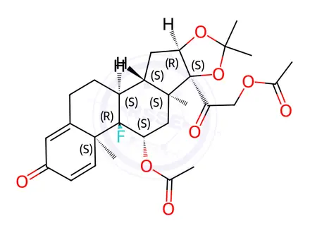 Chemical structure of 2-((6aS,6bR,7S,8aS,8bS,11aS,12aS,12bS)-7-Acetoxy-6b-fluoro-6a,8a,10,10-tetramethyl-4-oxo-1,2,4,6a,6b,7,8,8a,11a,12,12a,12b-dodecahydro-8bH-naphtho[2',1':4,5]indeno[1,2-d][1,3]dioxol-8b-yl)-2-oxoethyl acetate