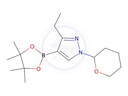 Chemical structure of 3-Ethyl-1-(tetrahydro-2H-pyran-2-yl)-4-(4,4,5,5-tetramethyl-1,3,2-dioxaborolan-2-yl)-1H-pyrazole