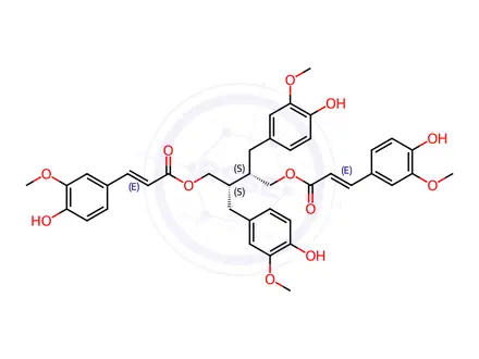 Chemical structure of 9,9'-Di-O-(E)-feruloylsecoisolariciresil