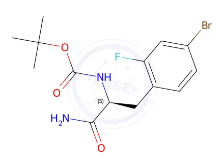 Chemical structure of tert-butyl (S)-(1-amino-3-(4-bromo-2-fluorophenyl)-1-oxopropan-2-yl)carbamate