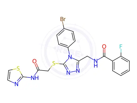 Chemical structure of N-((4-(4-Bromophenyl)-5-((2-oxo-2-(thiazol-2-ylamino)ethyl)thio)-4H-1,2,4-triazol-3-yl)methyl)-2-fluorobenzamide