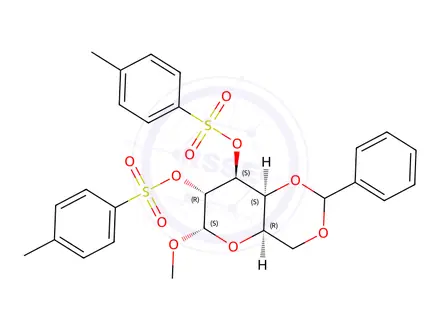 Chemical structure of methyl 4,6-O-benzylidene-alpha-D-galactopyranoside, bis(toluene-p-sulphonate)