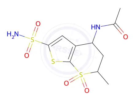 Chemical structure of N-Methyl-7,7-dioxido-2-sulfamoyl-5,6-dihydro-4H-thieno[2,3-b]thiopyran-4-yl acetamide