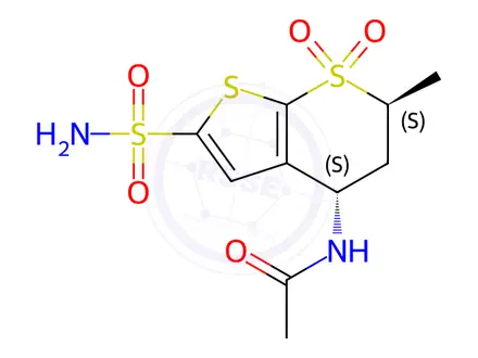 Chemical structure of N-((4S,6S)-6-Methyl-7,7-dioxido-2-sulfamoyl-5,6-dihydro-4H-thieno[2,3-b]thiopyran-4-yl)acetamide (BSC)