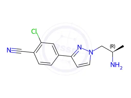 Chemical structure of (R)-4-(1-(2-Aminopropyl)-1H-pyrazol-3-yl)-2-chlorobenzonitrile