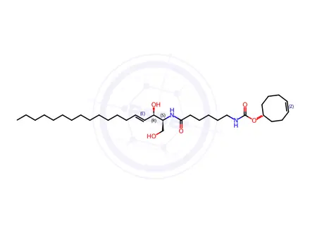 Chemical structure of (E)-Cyclooct-4-en-1-yl (6-(((2S,3R,E)-1,3-dih ydroxyoctadec-4-en-2-yl)amino)-6-oxohexyl) carbamate