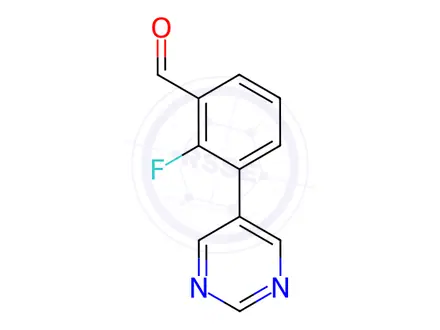 Chemical structure of 2-fluoro-3-(pyrimidin-5-yl)benzaldehyde