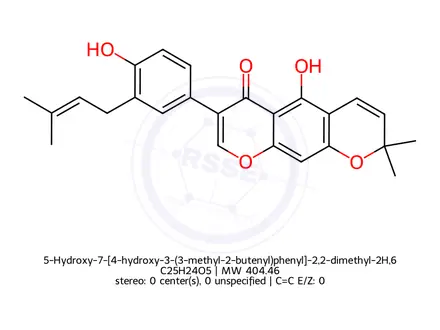 Chemical structure of 5-Hydroxy-7-[4-hydroxy-3-(3-methyl-2-butenyl)phenyl]-2,2-dimethyl-2H,6H-benzo[1,2-b:5,4-b']dipyran-6-one