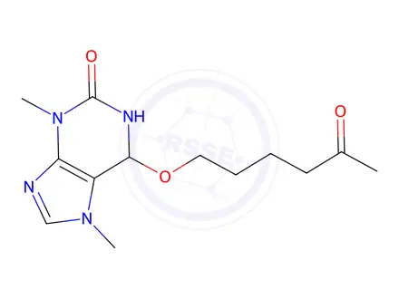 Chemical structure of 3,7-dimethyl-6-((5-oxohexyl)oxy)-6,7-dihydro-1H-purin-2(3H)-one