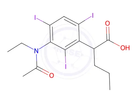 Chemical structure of 2-[3-(N-Ethylacetylamino)-2,4,6-triiodophenyl]valeric acid