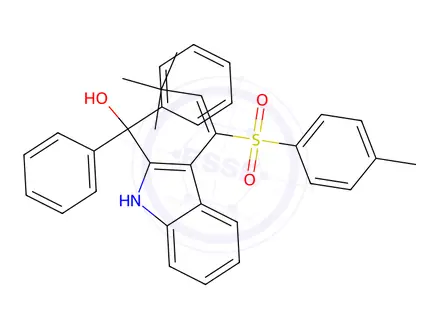 Chemical structure of (E)-(3-(3,3-Dimethyl-1-tosylbut-1-en-1-yl)-1H-indol-2-yl)diphenylmethanol