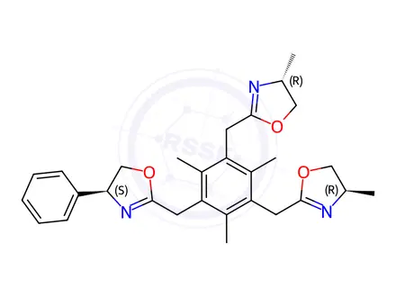 Chemical structure of Oxazole, 2,2′-[[5-[[(4S)-4,5-dihydro-4-phenyl-2-oxazolyl]methyl]-2,4,6-trimethyl-1,3-phenylene]bis(methylene)]bis[4,5-dihydro-4-methyl-, (4R,4′R)-