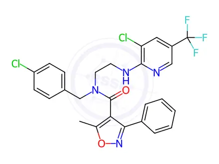 Chemical structure of N-(2-((3-chloro-5-(trifluoromethyl)pyridin-2-yl)amino)ethyl)-N-(4-chlorobenzyl)-5-methyl-3-phenylisoxazole-4-carboxamide