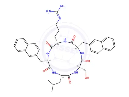 Chemical structure of 1-(3-((2S,5S,8S,11S,14S)-11-(Hydroxymethyl)-8-isobutyl-5,14-bis(naphthalen-2-ylmethyl)-3,6,9,12,15-pentaoxo-1,4,7,10,13-pentaazacyclopentadecan-2-yl)propyl)guanidine