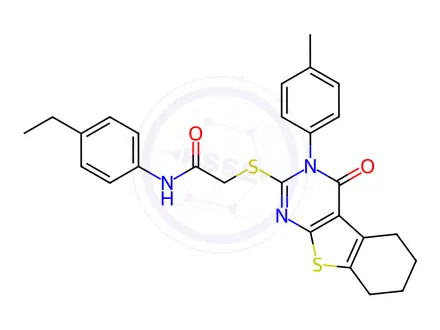 Chemical structure of N-(4-Ethylphenyl)-2-((4-oxo-3-(p-tolyl)-3,4,5,6,7,8-hexahydrobenzo[4,5]thieno[2,3-d]pyrimidin-2-yl)thio)acetamide