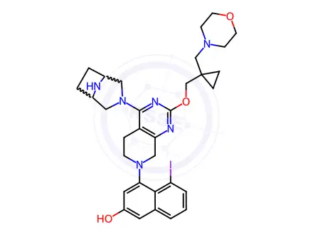 Chemical structure of 2-Naphthalenol, 4-[4-(3,8-diazabicyclo[3.2.1]oct-3-yl)-5,8-dihydro-2-[[1-(4-morpholinylmethyl)cyclopropyl]methoxy]pyrido[3,4-d]pyrimidin-7(6H)-yl]-5-iodo-