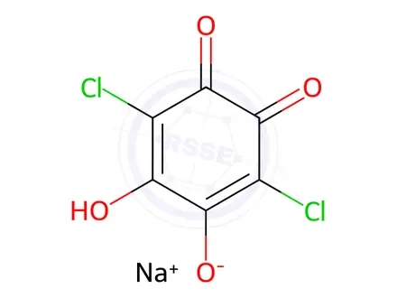 Chemical structure of 2,5-dichloro-3,6-dihydroxycyclohexa-2,5-diene-1,4-dione, sodium salt