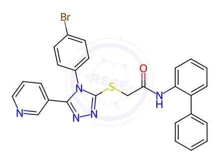 Chemical structure of N-([1,1'-Biphenyl]-2-yl)-2-((4-(4-bromophenyl)-5-(pyridin-3-yl)-4H-1,2,4-triazol-3-yl)thio)acetamide