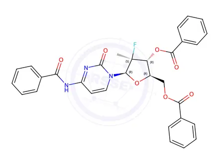 Chemical structure of (2R,3R,4S,5R)-5-(4-benzamido-2-oxopyrimidin-1(2H)-yl)-2-(benzoyloxymethyl)-4-fluoro-4-methyltetrahydrofuran-3-yl benzoate