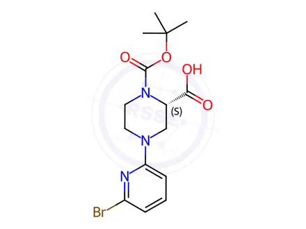 Chemical structure of (S)-4-(6-Bromopyridin-2-yl)-1-(tert-butoxycarbonyl)-piperazine-2-carboxylic acid