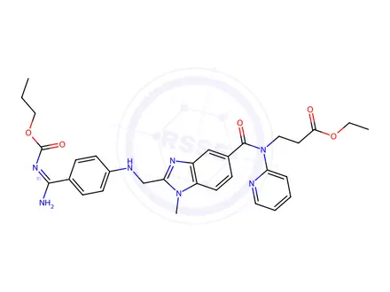 Chemical structure of ethyl 3-(1-methyl-2-(((4-(N-(propoxycarbonyl)carbamimidoyl)phenyl)amino)methyl)-N-(pyridin-2-yl)-1H-benzo[d]imidazole-5-carboxamido)propanoate