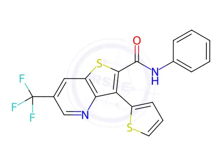 Chemical structure of N-phenyl-3-(thiophen-2-yl)-6-(trifluoromethyl)thieno[3,2-b]pyridine-2-carboxamide