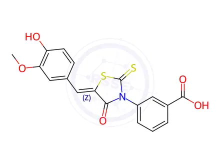 Chemical structure of (Z)-3-(5-(4-hydroxy-3-methoxybenzylidene)-4-oxo-2-thioxothiazolidin-3-yl)benzoic acid