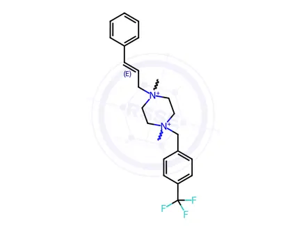 Chemical structure of 1-Cinnamyl-1,4-dimethyl-4-(4-(trifluoromethyl)benzyl)piperazine-1,4-diium iodide