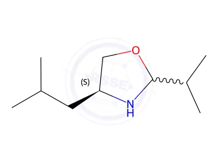 Chemical structure of Oxazolidine, 2-(1-methylethyl)-4-(2-methylpropyl)-, (4S)-(9CI)