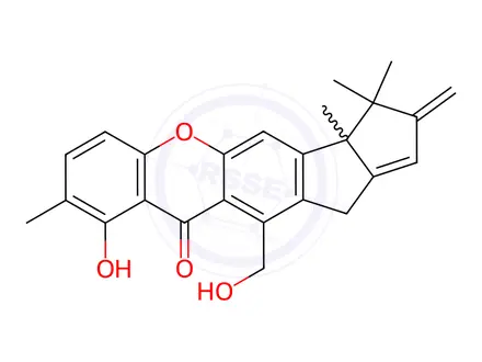 Chemical structure of (+)-2,3,3a,12-Tetrahydro-9-hydroxy-11-(hydroxymethyl)-3,3,3a,8-tetramethyl-2-methylene-10H-pentaleno[2,1-b]xanthen-10-one
