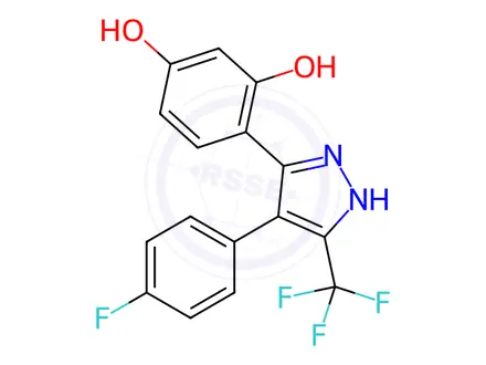 Chemical structure of 4-(4-(4-Fluorophenyl)-5-(trifluoromethyl)-1H-pyrazol-3-yl)benzene-1,3-diol