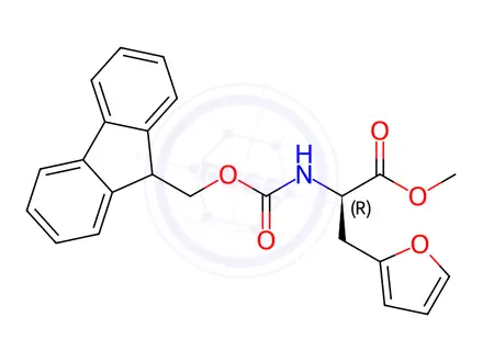 Chemical structure of 2-Furanpropanoic acid, α-[[(9H-fluoren-9-ylmethoxy)carbonyl]amino]-, methyl ester, (αR)-