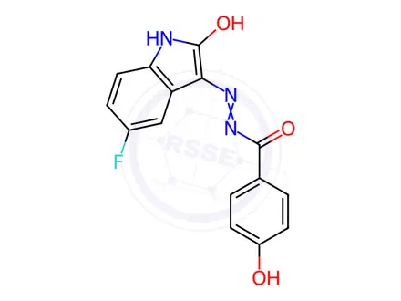 Chemical structure of Benzoic acid, 4-hydroxy-, 2-(5-fluoro-1,2-dihydro-2-oxo-3H-indol-3-ylidene)hydrazide