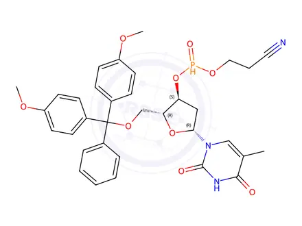 Chemical structure of (2R,3S,5R)-2-((bis(4-methoxyphenyl)(phenyl)methoxy)methyl)-5-(5-methyl-2,4-dioxo-3,4-dihydropyrimidin-1(2H)-yl)tetrahydrofuran-3-yl (2-cyanoethyl) phosphonate