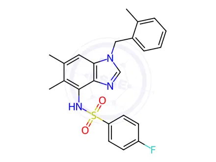 Chemical structure of N-(5,6-dimethyl-1-(2-methylbenzyl)-1H-benzo[d]imidazol-4-yl)-4-fluorobenzenesulfonamide