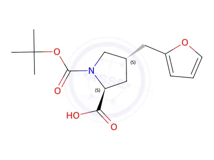 Chemical structure of (2S,4S)-1-(tert-butoxycarbonyl)-4-(furan-2-ylmethyl)pyrrolidine-2-carboxylic acid