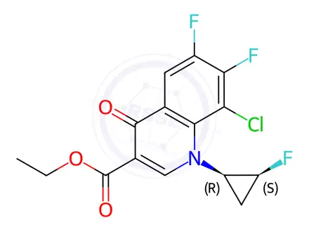 Chemical structure of 3-Quinolinecarboxylic acid, 8-chloro-6,7-difluoro-1-(2-fluorocyclopropyl)-1,4-dihydro-4-oxo-,ethyl ester