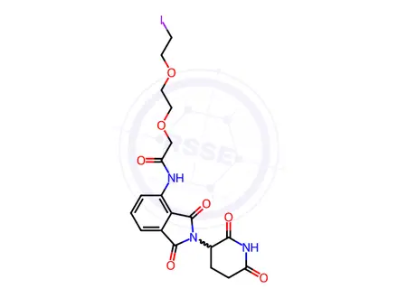 Chemical structure of N-[2-(2,6-dioxo-3-piperidyl)-1,3-dioxo-isoindolin-4-yl]-2-[2-(2-iodoethoxy)ethoxy]acetamide