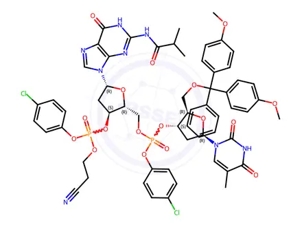 Chemical structure of 3'-Guanylic acid, 5'-O-[bis(4-methoxyphenyl)phenylmethyl]-P-(4-chlorophenyl)thymidylyl-(3'->5')-2'-deoxy-N-(2-methyl-1-oxopropyl)-, 4-chlorophenyl 2-cyanoethyl ester
