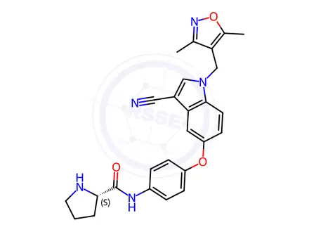 Chemical structure of (S)-N-(4-((3-Cyano-1-((3,5-dimethylisoxazol-4-yl)methyl)-1H-indol-5-yl)oxy)phenyl)pyrrolidine-2-carboxamide