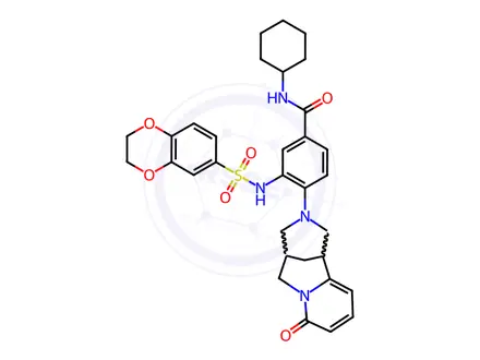 Chemical structure of N-cyclohexyl-3-((2,3-dihydrobenzo[b][1,4]dioxine)-6-sulfonamido)-4-(8-oxo-1,5,6,8-tetrahydro-2H-1,5-methanopyrido[1,2-a][1,5]diazocin-3(4H)-yl)benzamide