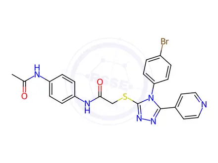 Chemical structure of N-(4-Acetamidophenyl)-2-((4-(4-bromophenyl)-5-(pyridin-4-yl)-4H-1,2,4-triazol-3-yl)thio)acetamide