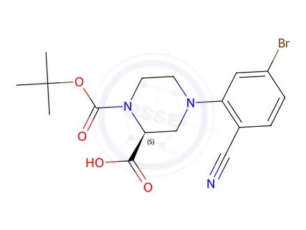 Chemical structure of (S)-4-(5-Bromo-2-cyanophenyl)-1-(tert-butoxy-carbonyl)piperazine-2-carboxylic acid