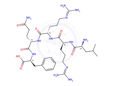 Chemical structure of (2S)-2-[[(2S)-2-[[(2S)-2-[[(2S)-2-[[(2S)-2-amino-4-methyl-pentanoyl]am ino]-5-(diaminomethylideneamino)pentanoyl]amino]-5-(diaminomethylidene amino)pentanoyl]amino]-4-carbamoyl-butanoyl]amino]-3-phenyl-propanoic acid