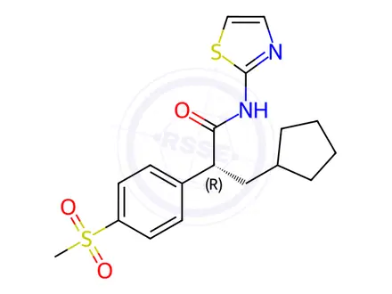 Chemical structure of (2R)-3-Cyclopentyl-2-[4-(methanesulfonyl)phenyl]-N-(thiazol-2-yl)propionamide