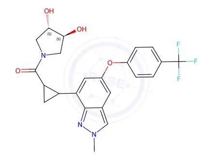 Chemical structure of ((3S,4S)-3,4-Dihydroxypyrrolidin-1-yl)((1R,2R)-2-(2-methyl-5-(4-(trifluoromethyl)phenoxy)-2H-indazol-7-yl)cyclopropyl)methanone