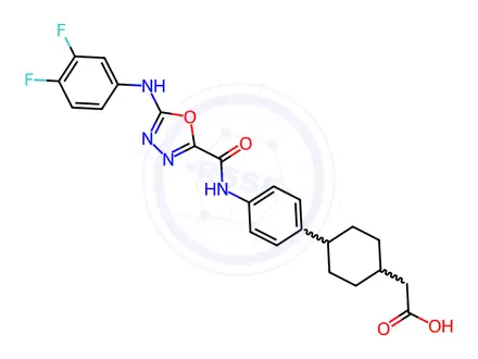 Chemical structure of 2-[4-[4-[[5-(3,4-Difluoroanilino)-1,3,4-oxadiazole-2-carbonyl]amino]phenyl]cyclohexyl]acetic acid