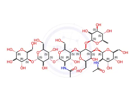 Chemical structure of alpha-N-Acetylgalactosaminyl-(1-3)-[alpha-fucosyl-(1-2)]-beta-galactosyl-(1-4)-beta-N-acetylglucosaminyl-(1-3)-beta-galactosyl-(1-4)-glucose